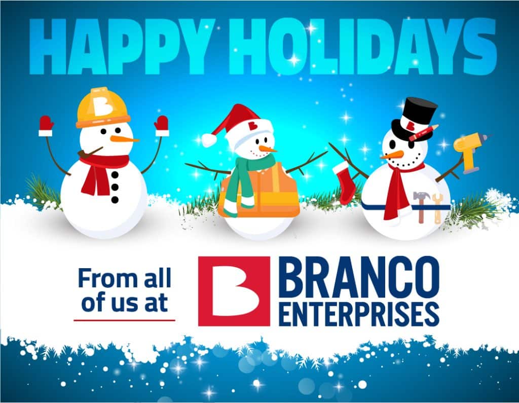 Happy Holidays from Branco with snowmen and the Branco logo